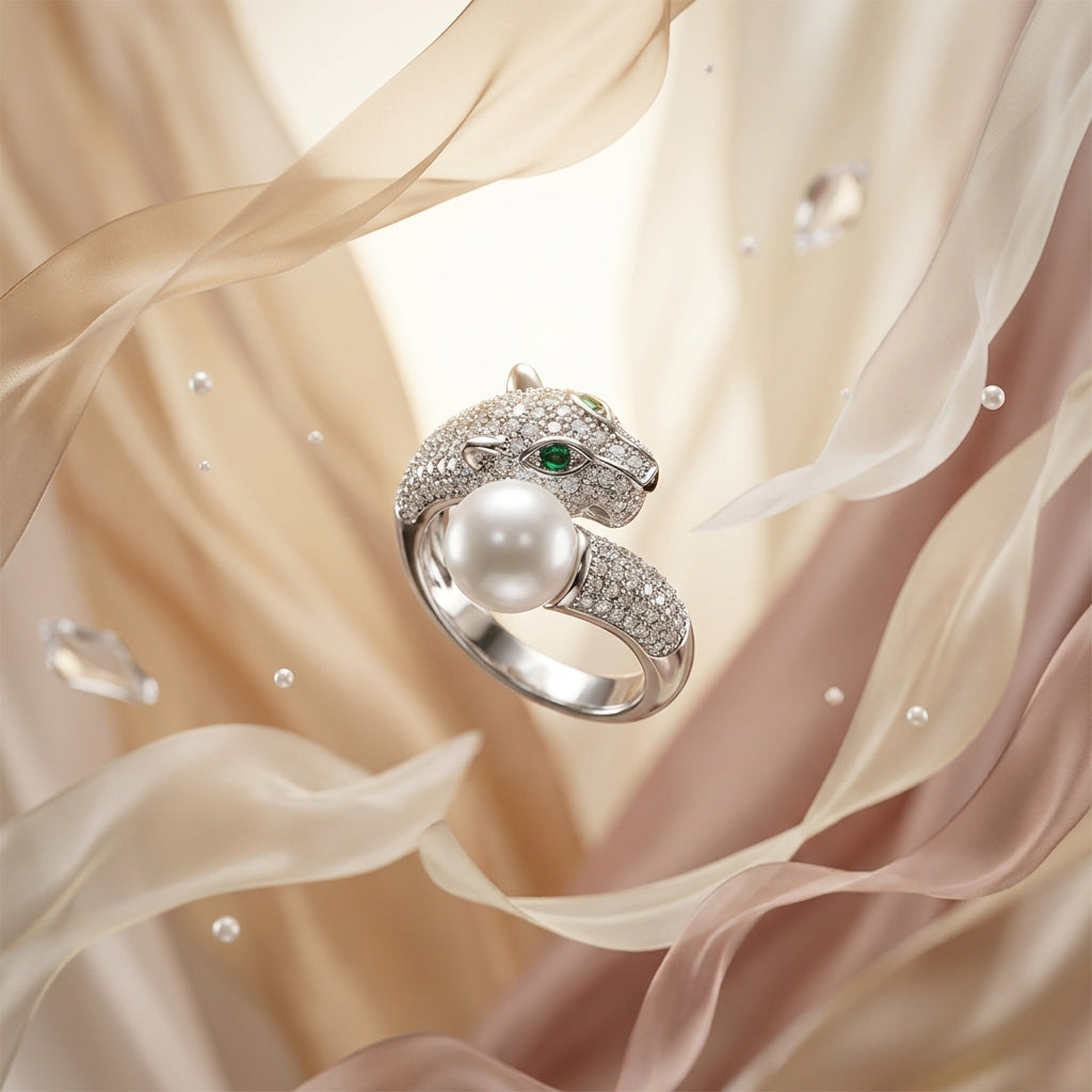 Pearl Panther Luxe Sliver Plated AD Ring | Luxury Animal-Inspired Pearl Statement Ring by VarnamAyira