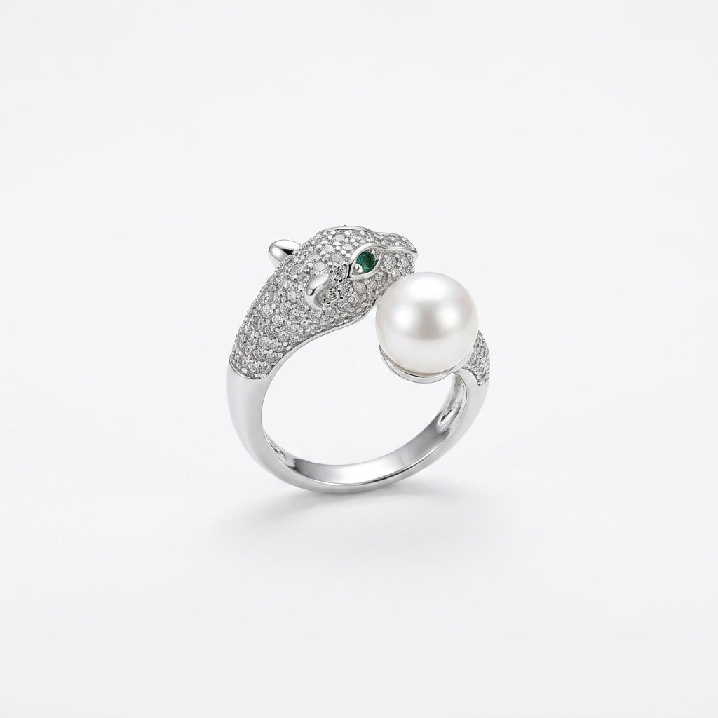 Pearl Panther Luxe Sliver Plated AD Ring | Luxury Animal-Inspired Pearl Statement Ring by VarnamAyira