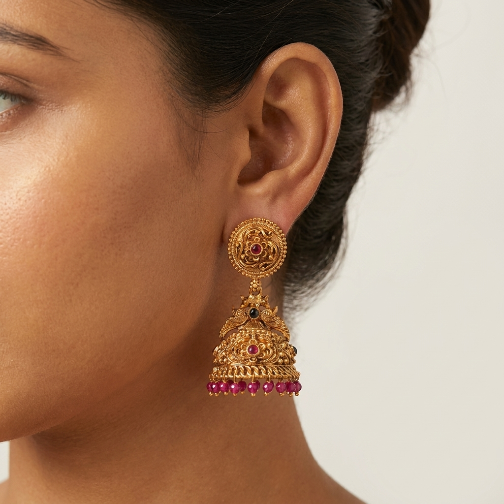 Rathi Heritage Temple Jhumkas | Antique South Indian Jhumka Earrings | VarnamAyira