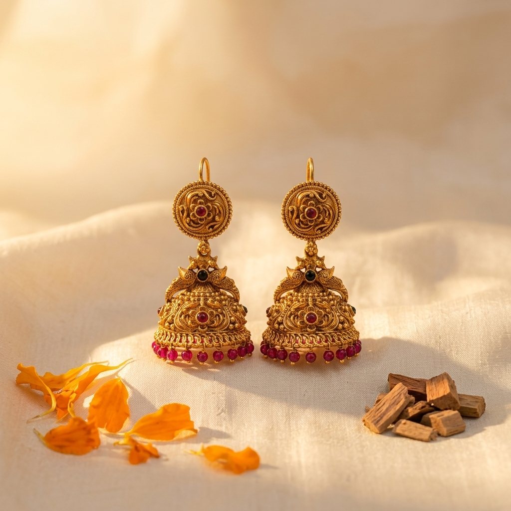 Rathi Heritage Temple Jhumkas | Antique South Indian Jhumka Earrings | VarnamAyira