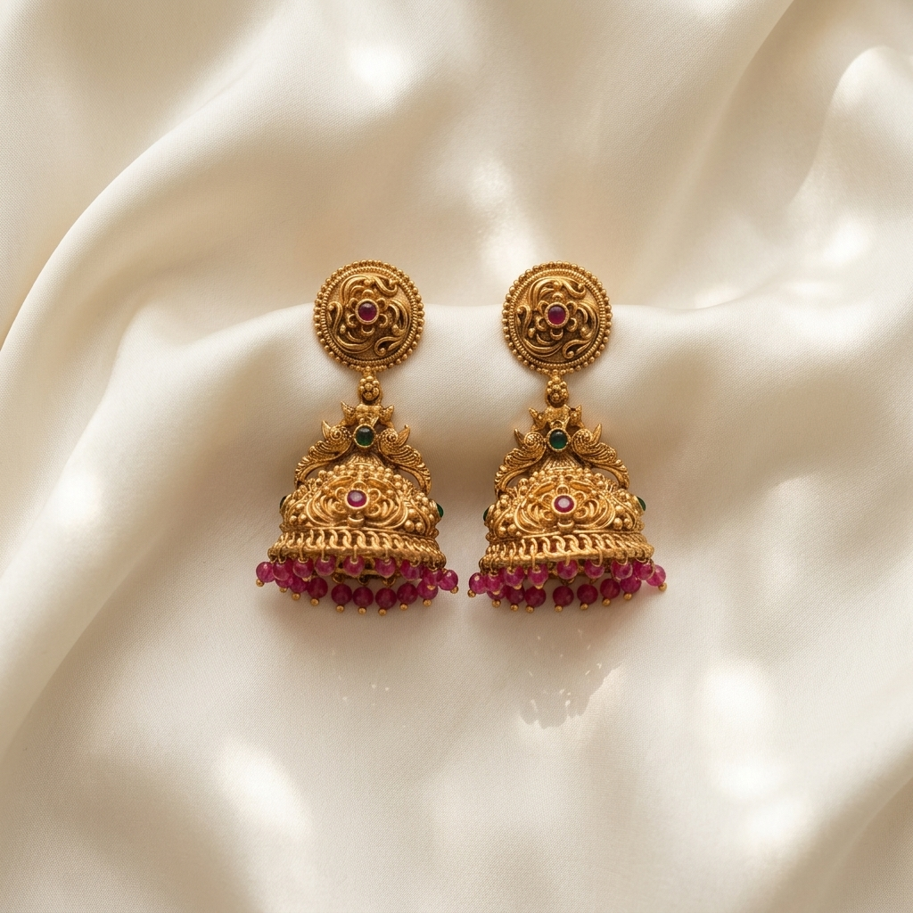 Rathi Heritage Temple Jhumkas | Antique South Indian Jhumka Earrings | VarnamAyira