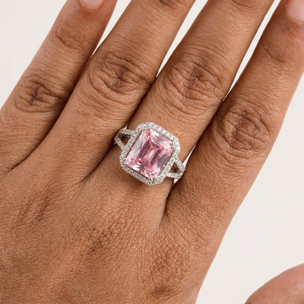 Rosabelle Ring | Silver Plated Ice -Cut Pink Crystal Halo Ring for Women | Luxury Statement Ring