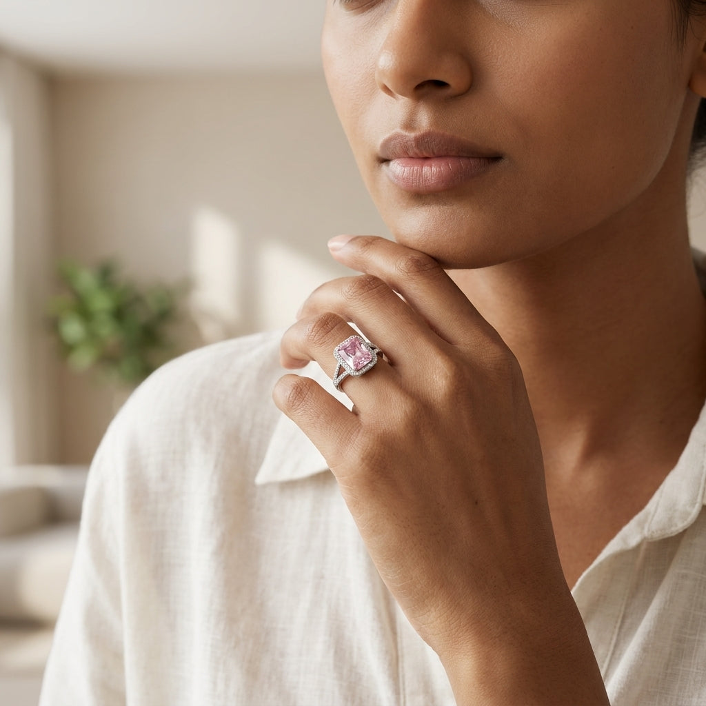 Rosabelle Ring | Silver Plated Ice -Cut Pink Crystal Halo Ring for Women | Luxury Statement Ring