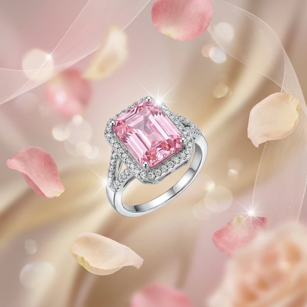 Rosabelle Ring | Silver Plated Ice -Cut Pink Crystal Halo Ring for Women | Luxury Statement Ring