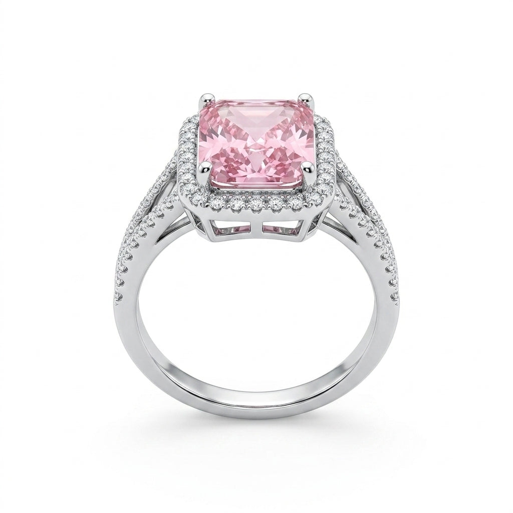 Rosabelle Ring | Silver Plated Ice -Cut Pink Crystal Halo Ring for Women | Luxury Statement Ring
