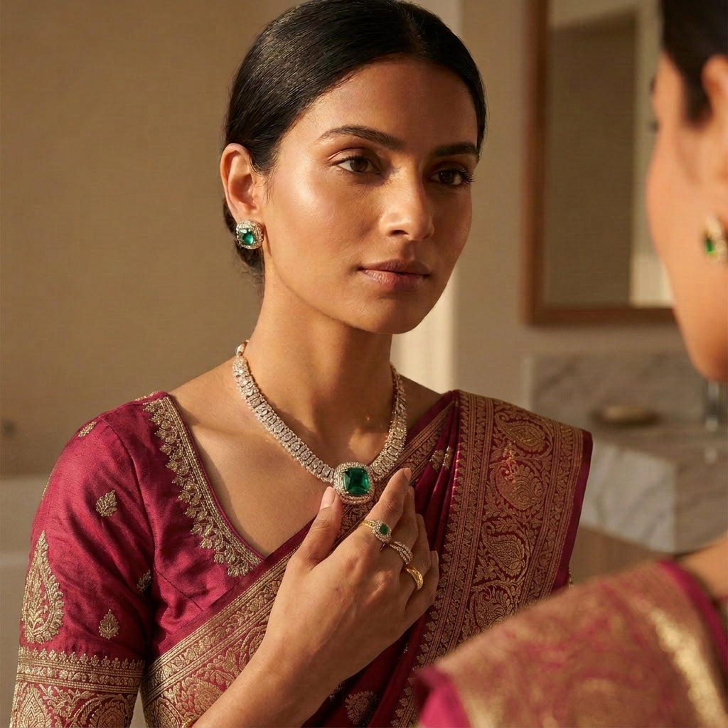 Sivapri Regal Emerald Necklace Set | Premium AD Statement Necklace | VarnamAyira
