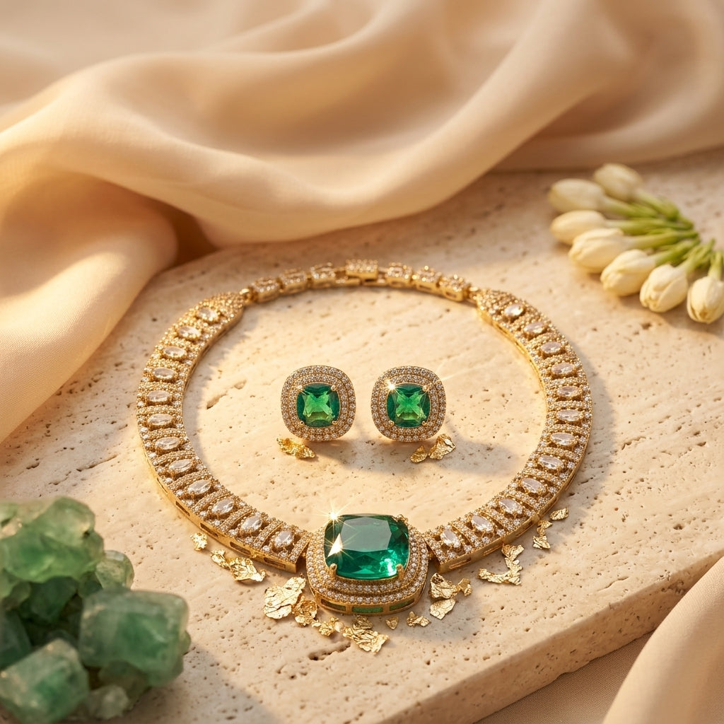 Sivapri Regal Emerald Necklace Set | Premium AD Statement Necklace | VarnamAyira