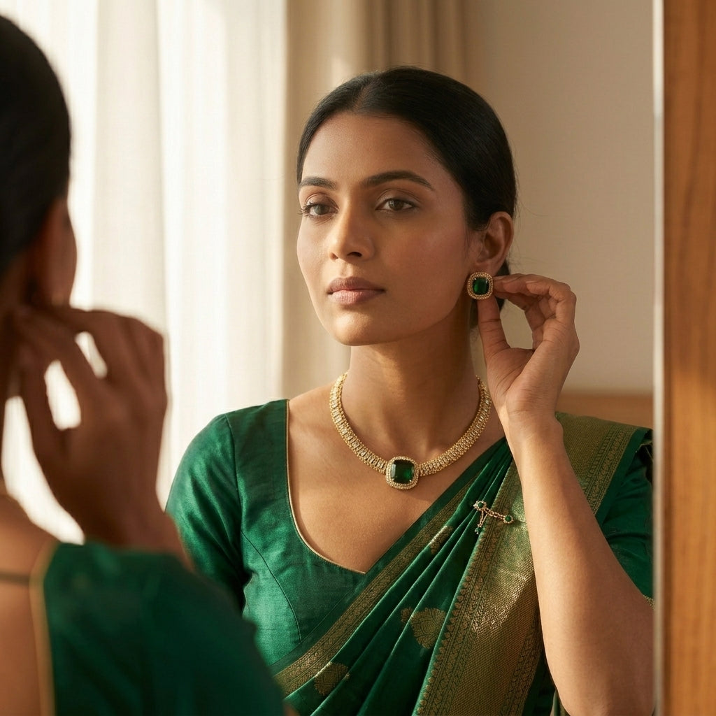 Sivapri Regal Emerald Necklace Set | Premium AD Statement Necklace | VarnamAyira