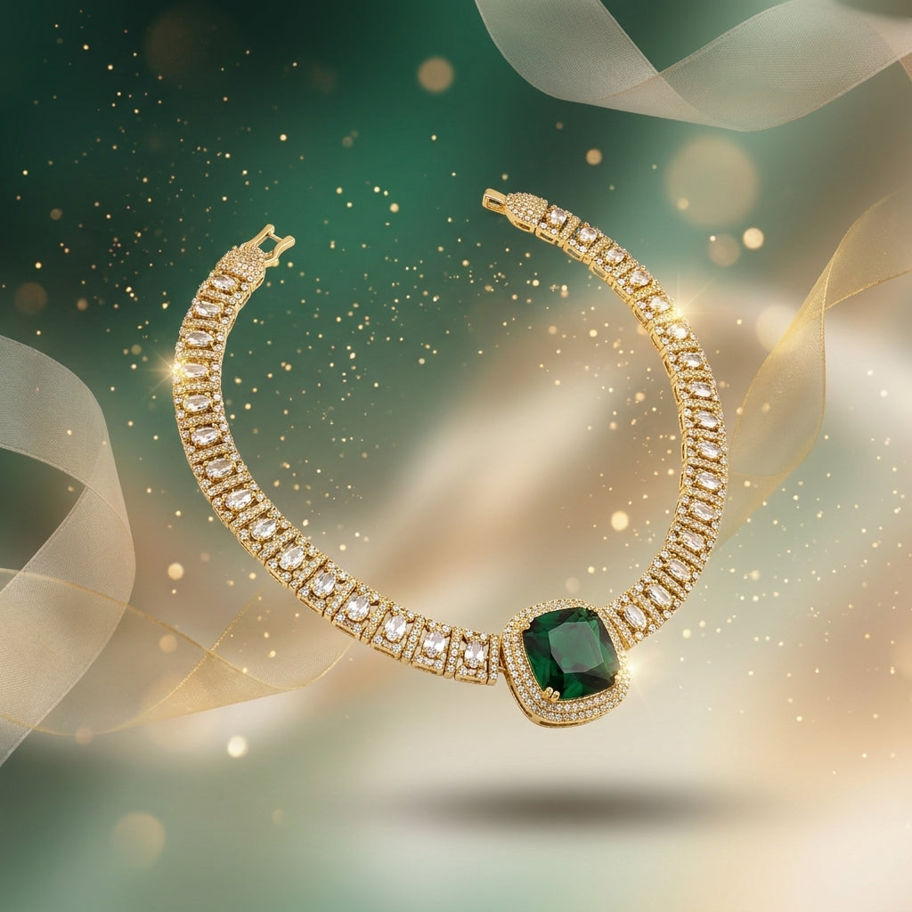Sivapri Regal Emerald Necklace Set | Premium AD Statement Necklace | VarnamAyira