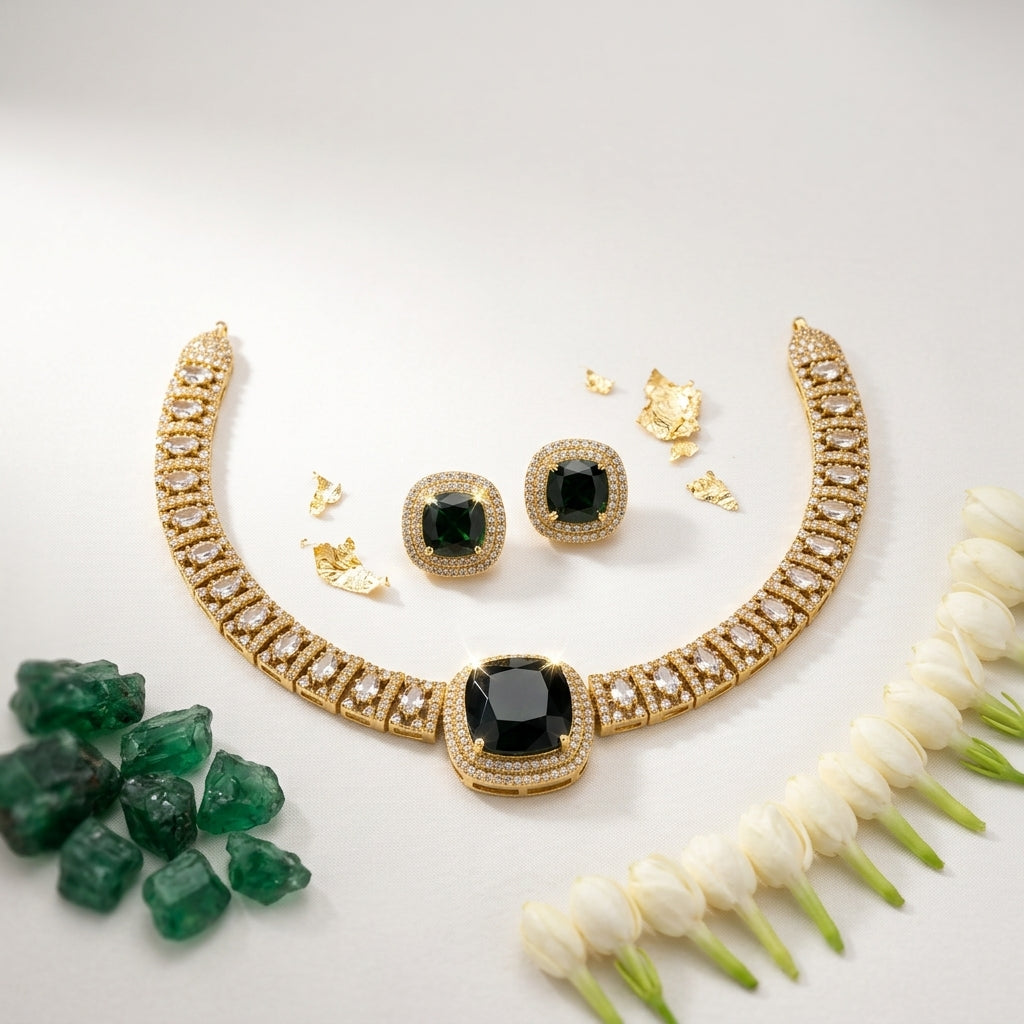 Sivapri Regal Emerald Necklace Set | Premium AD Statement Necklace | VarnamAyira