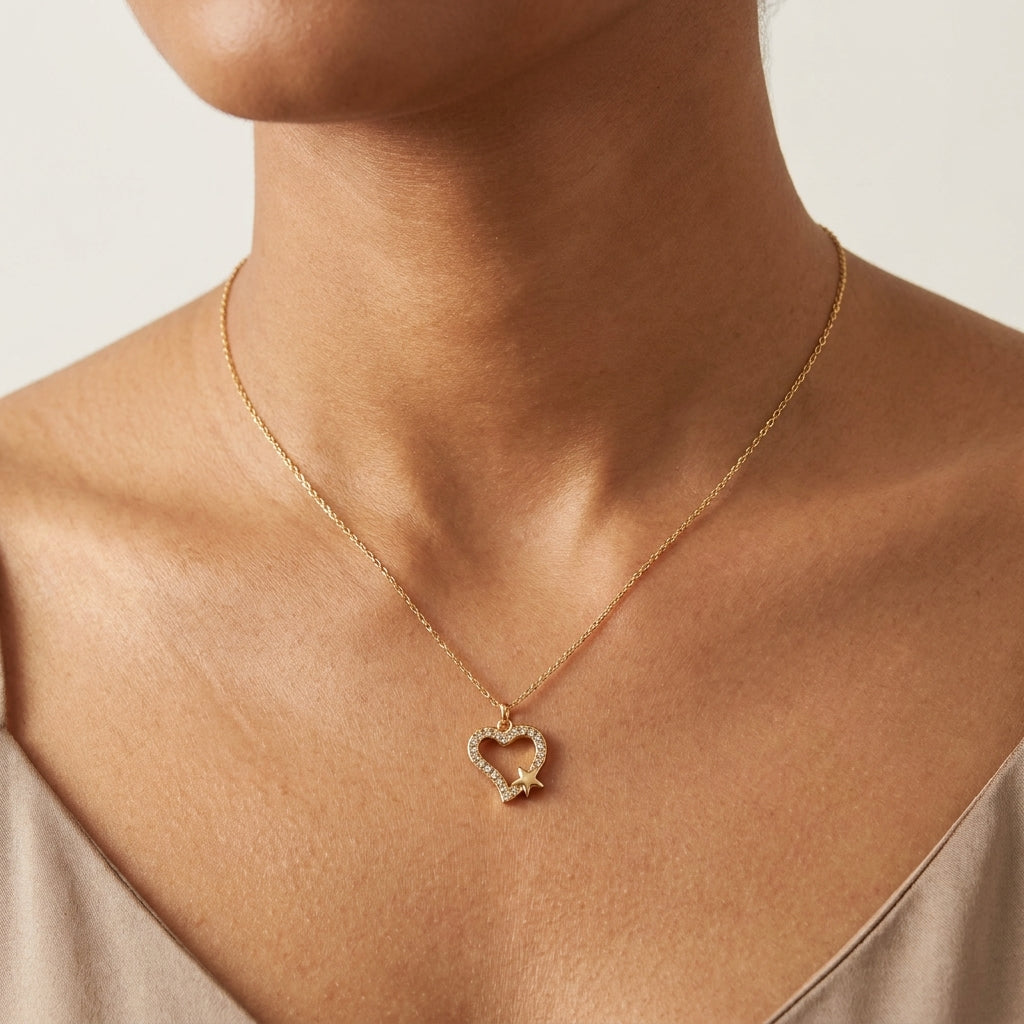 Starlit Heart Stainless Steel Necklace for Women | Crystal Heart & Star Pendant Necklace