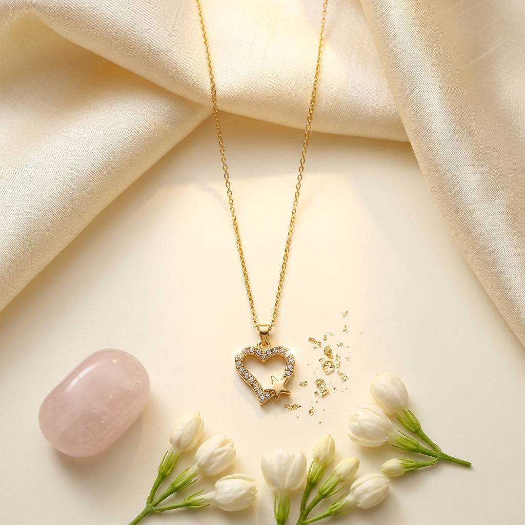 Starlit Heart Stainless Steel Necklace for Women | Crystal Heart & Star Pendant Necklace