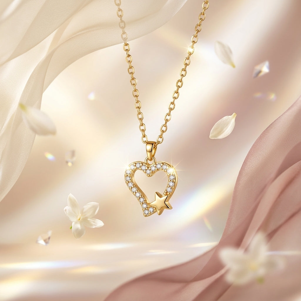 Starlit Heart Stainless Steel Necklace for Women | Crystal Heart & Star Pendant Necklace