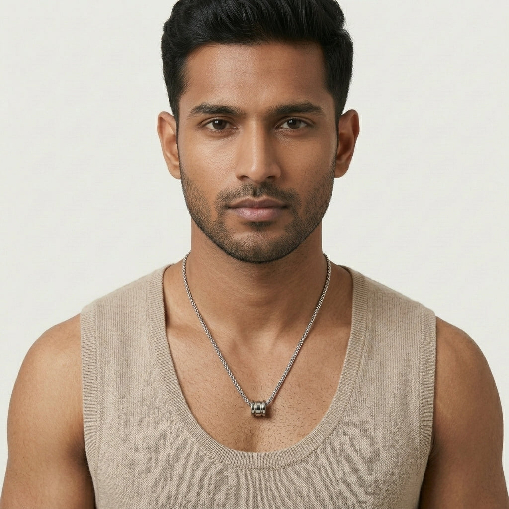 Titan Edge Men’s Stainless Steel Chain | Modern Barrel Pendant Necklace by VarnamAyira