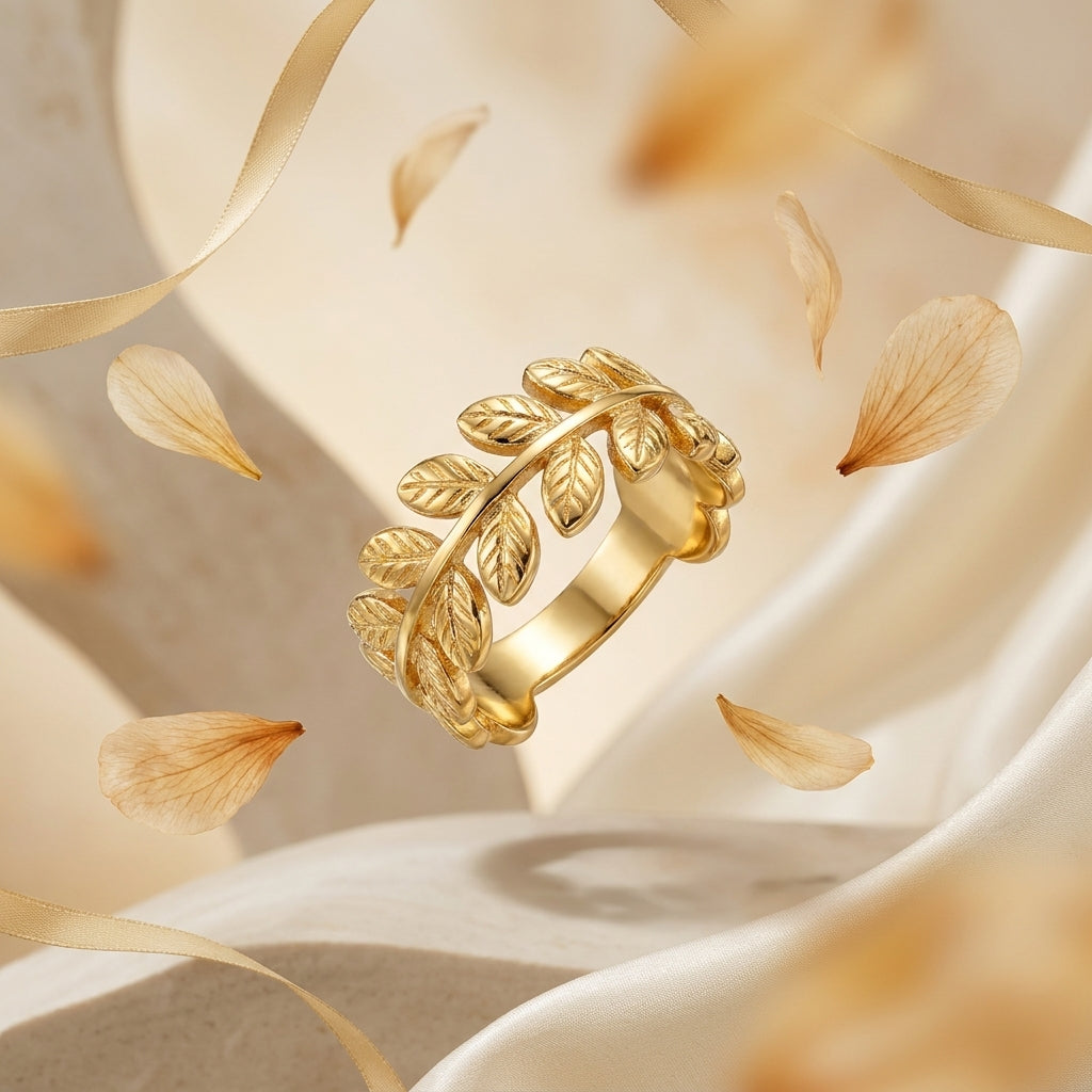 Auréline Laurel Ring in Gold Finish | Luxury Botanical Statement Ring by VarnamAyira
