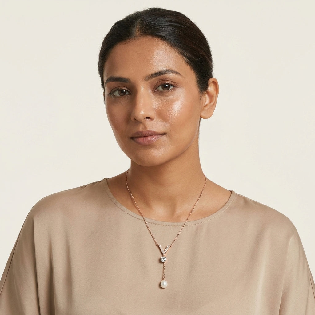 Auréline Pearl V Necklace in Rose Gold Finish | Luxury Crystal Pearl Pendant by VarnamAyira