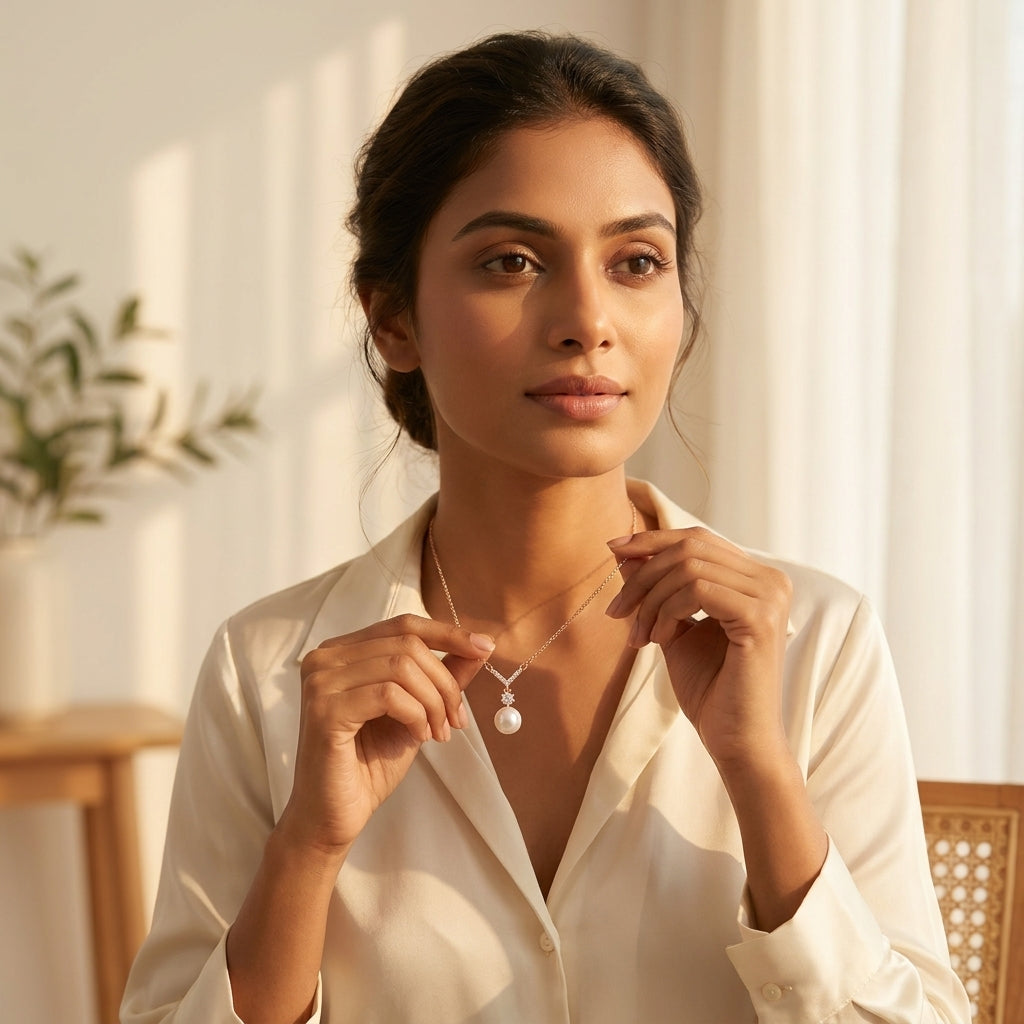 Auréline Pearl V Necklace in Rose Gold Finish | Luxury Crystal Pearl Pendant by VarnamAyira