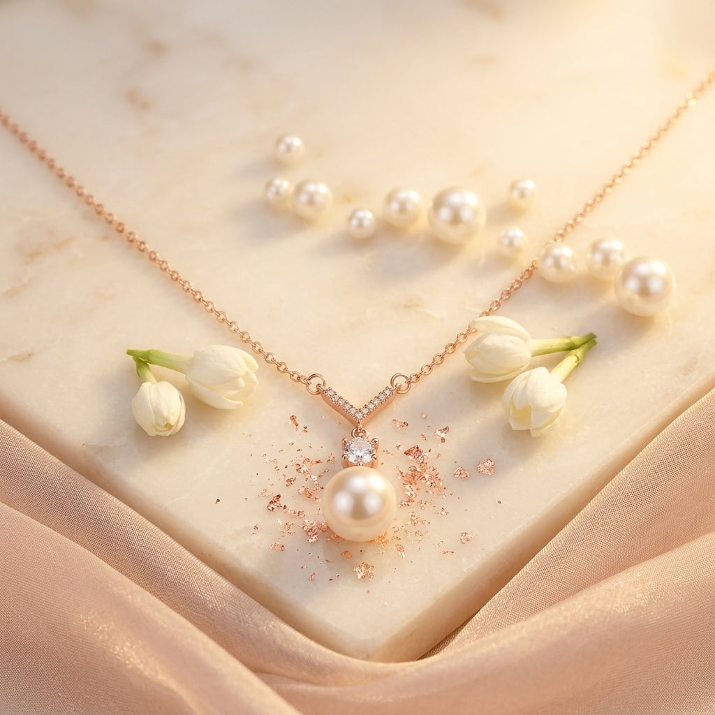 Auréline Pearl V Necklace in Rose Gold Finish | Luxury Crystal Pearl Pendant by VarnamAyira