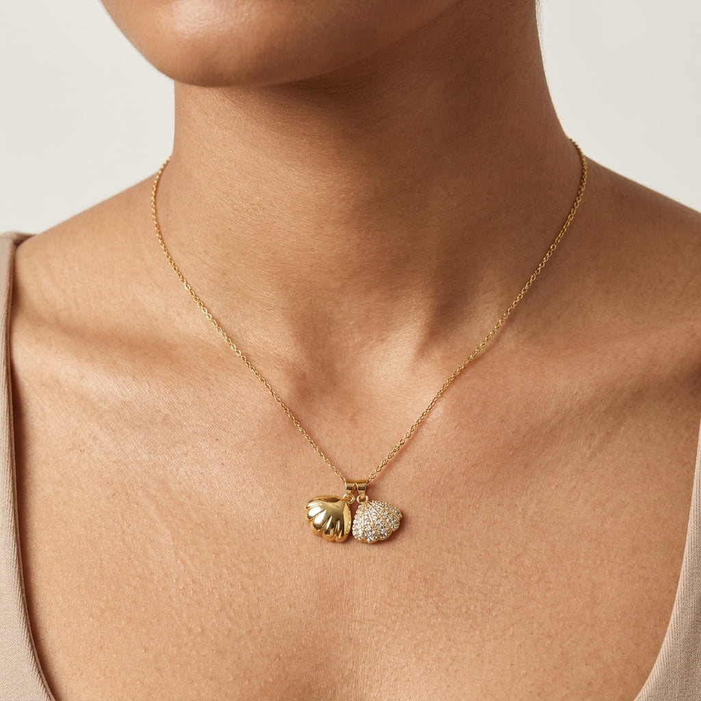 Aurélisse Shell Duo Necklace in Gold Finish | Luxury Seashell Charm Pendant by VarnamAyira