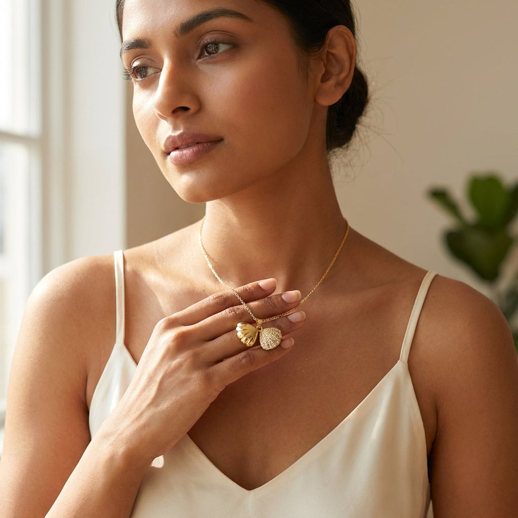 Aurélisse Shell Duo Necklace in Gold Finish | Luxury Seashell Charm Pendant by VarnamAyira