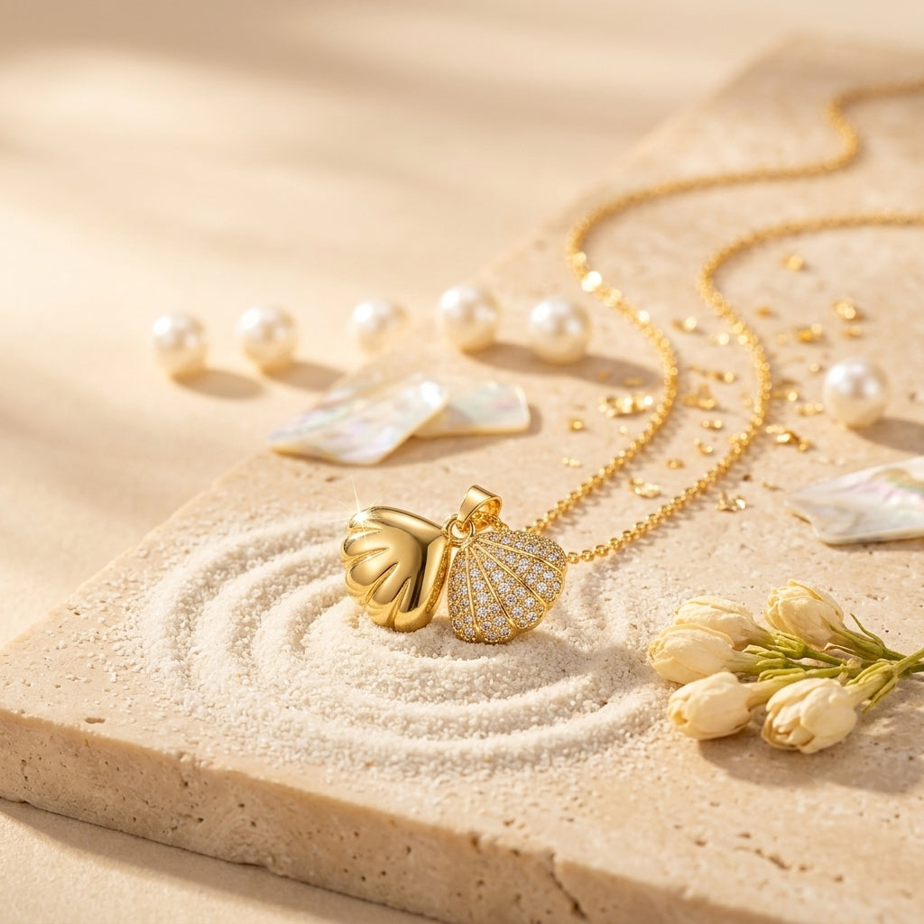 Aurélisse Shell Duo Necklace in Gold Finish | Luxury Seashell Charm Pendant by VarnamAyira