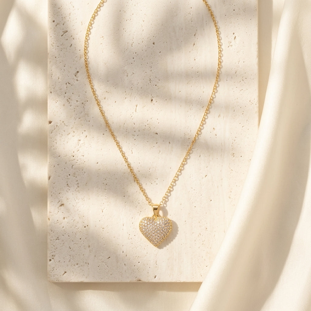 Aurielle Pavé Heart Necklace in Gold Finish | Premium Crystal Heart Pendant by VarnamAyira