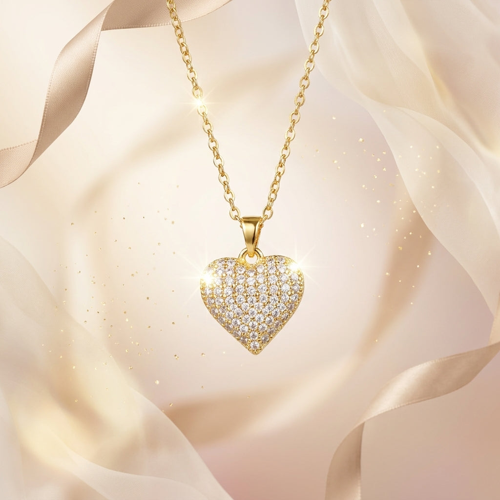 Aurielle Pavé Heart Necklace in Gold Finish | Premium Crystal Heart Pendant by VarnamAyira