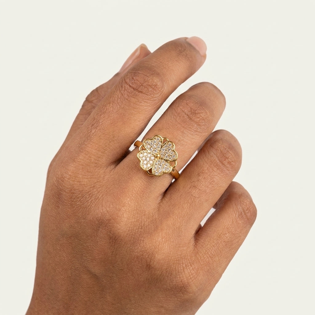 Bloom Spin Luxe Rotating Gold Plated Ring | Floral AD Spinner Ring by VarnamAyira