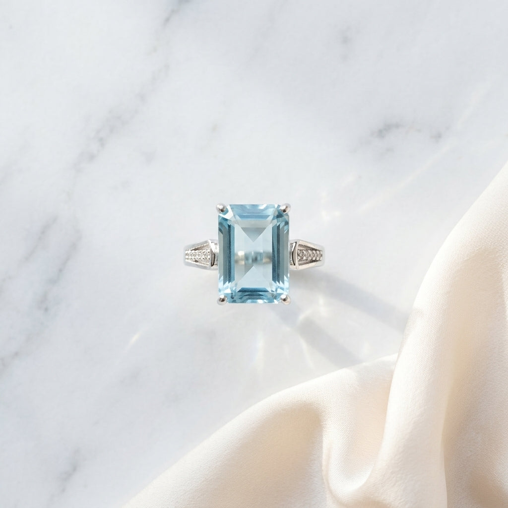 Celestia Ice Blue AD Stone Ring | Luxury Emerald-Cut Crystal Ring by VarnamAyira