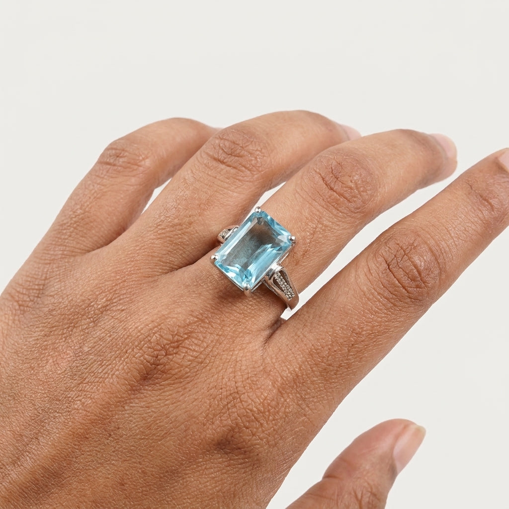 Celestia Ice Blue AD Stone Ring | Luxury Emerald-Cut Crystal Ring by VarnamAyira