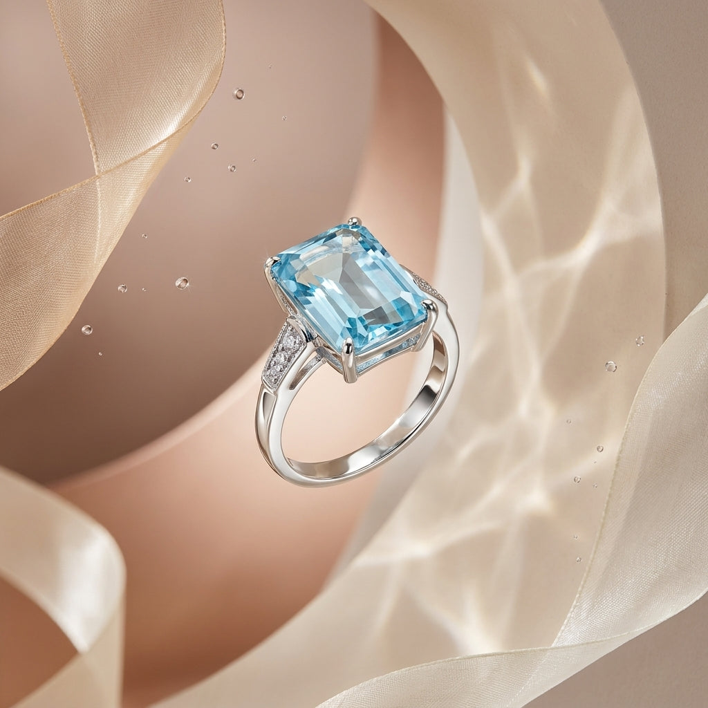 Celestia Ice Blue AD Stone Ring | Luxury Emerald-Cut Crystal Ring by VarnamAyira