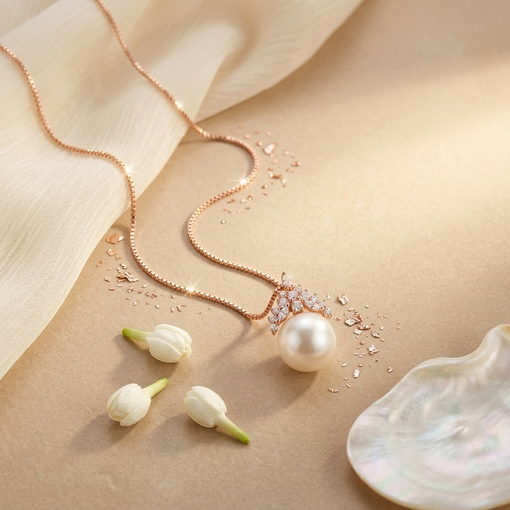 Celestine Crown Pearl Necklace in Rose Gold Finish | Luxury Pearl Pendant by VarnamAyira