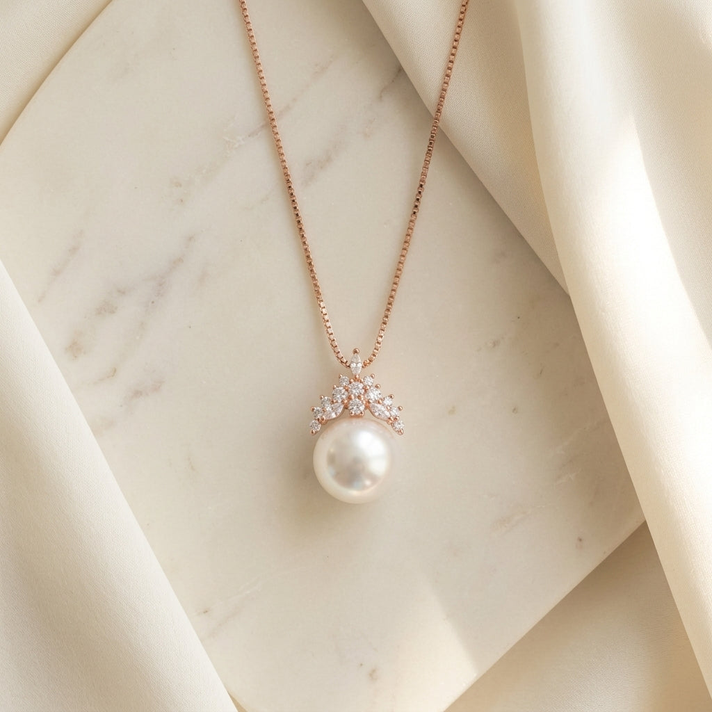 Celestine Crown Pearl Necklace in Rose Gold Finish | Luxury Pearl Pendant by VarnamAyira