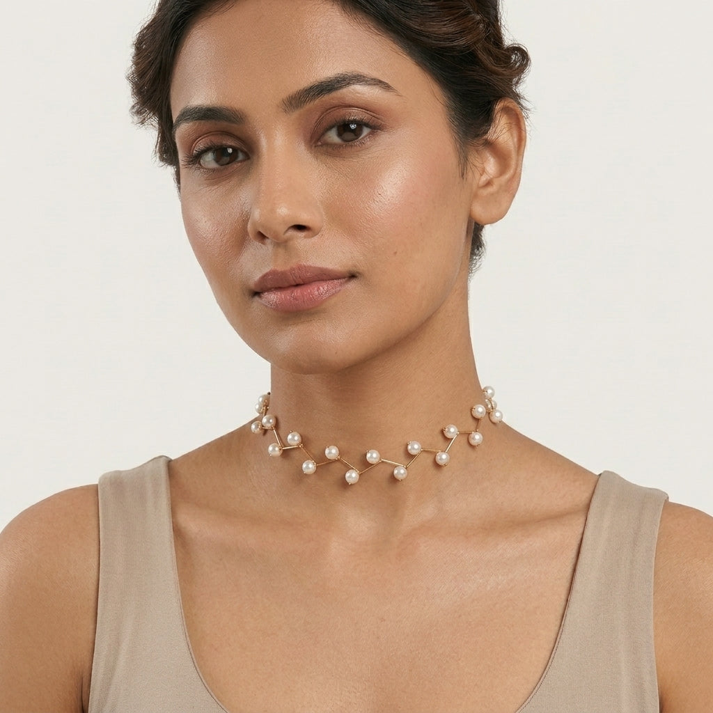 Celestine Pearl Weave Choker in Gold Finish | Luxury Pearl Statement Necklace by VarnamAyira