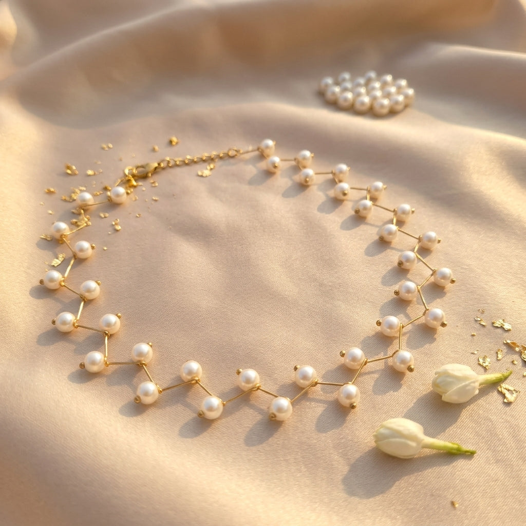 Celestine Pearl Weave Choker in Gold Finish | Luxury Pearl Statement Necklace by VarnamAyira
