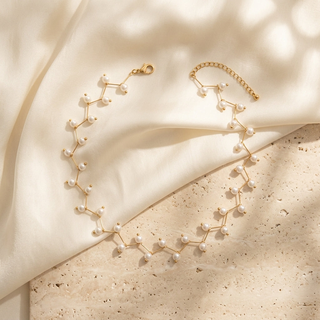 Celestine Pearl Weave Choker in Gold Finish | Luxury Pearl Statement Necklace by VarnamAyira
