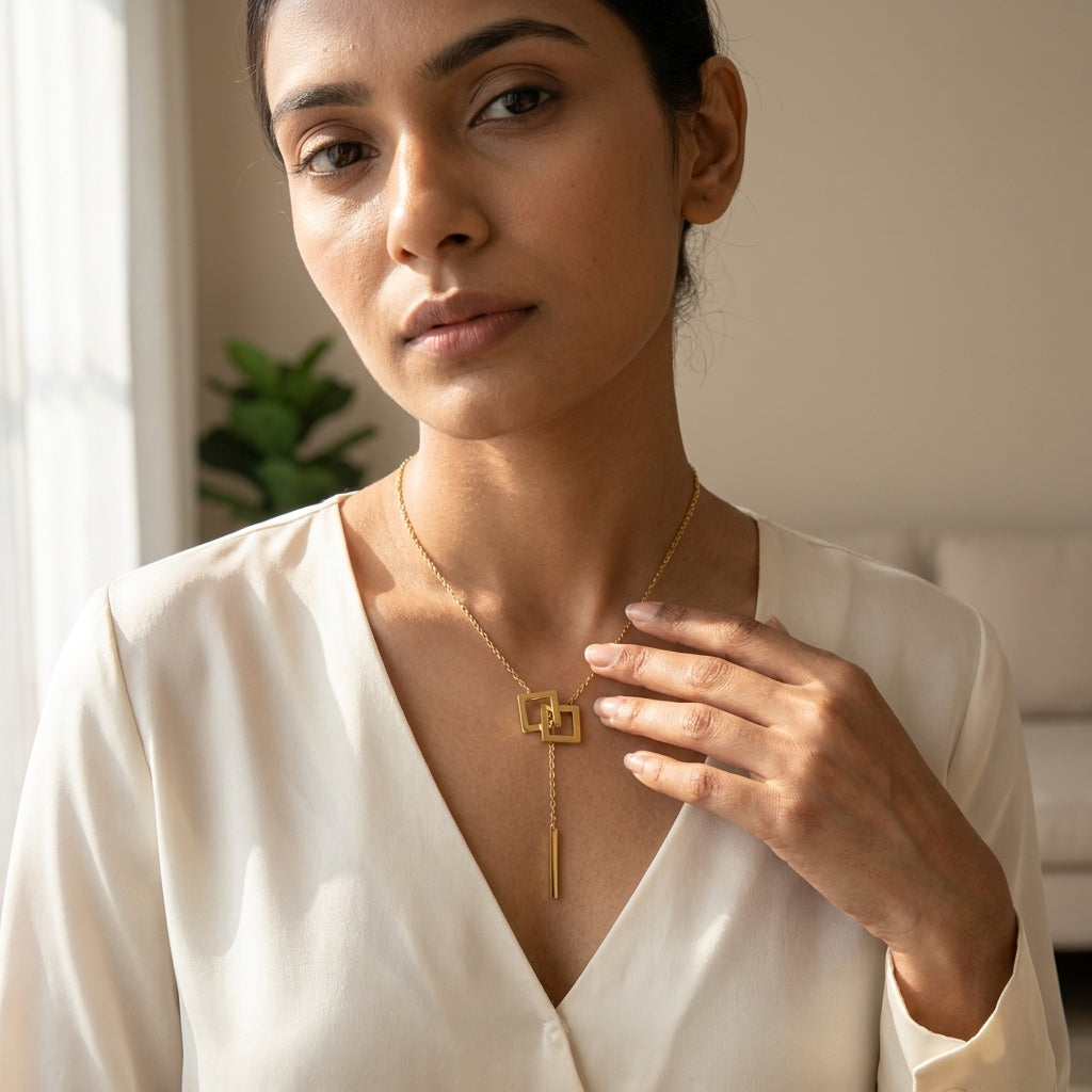 Élan Geometric Drop Necklace in Gold Finish | Minimal Luxury Statement Pendant by VarnamAyira