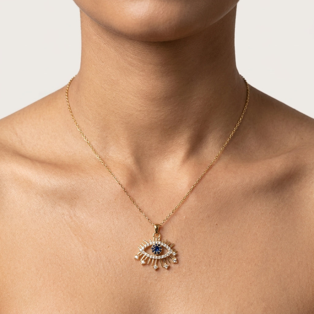 Élysia Sapphire Evil Eye Necklace in Gold Finish | Luxury Nazar Protection Pendant by VarnamAyira