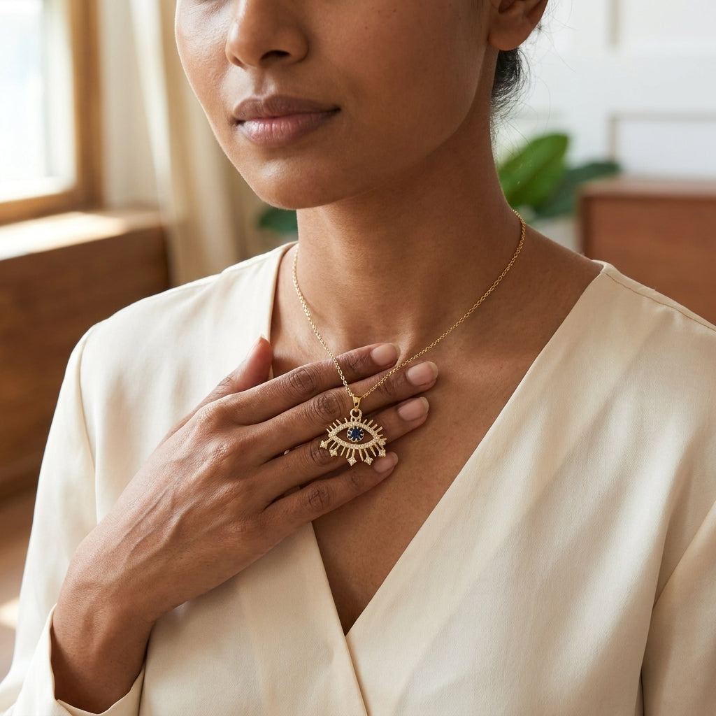 Élysia Sapphire Evil Eye Necklace in Gold Finish | Luxury Nazar Protection Pendant by VarnamAyira