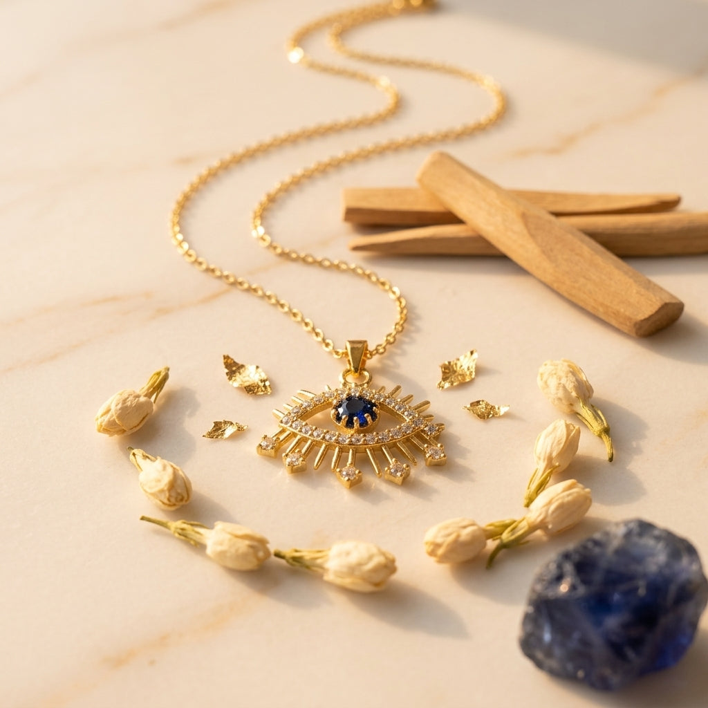 Élysia Sapphire Evil Eye Necklace in Gold Finish | Luxury Nazar Protection Pendant by VarnamAyira