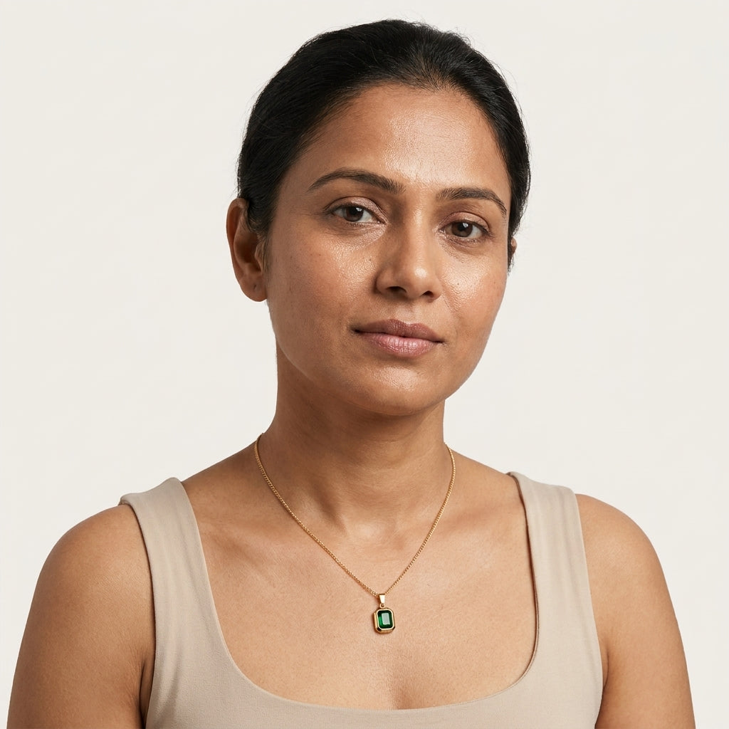 Emerielle Emerald Luxe Necklace in Gold Finish | Luxury Green Crystal Pendant by VarnamAyira