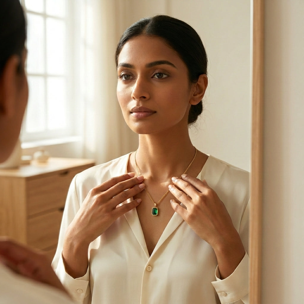 Emerielle Emerald Luxe Necklace in Gold Finish | Luxury Green Crystal Pendant by VarnamAyira