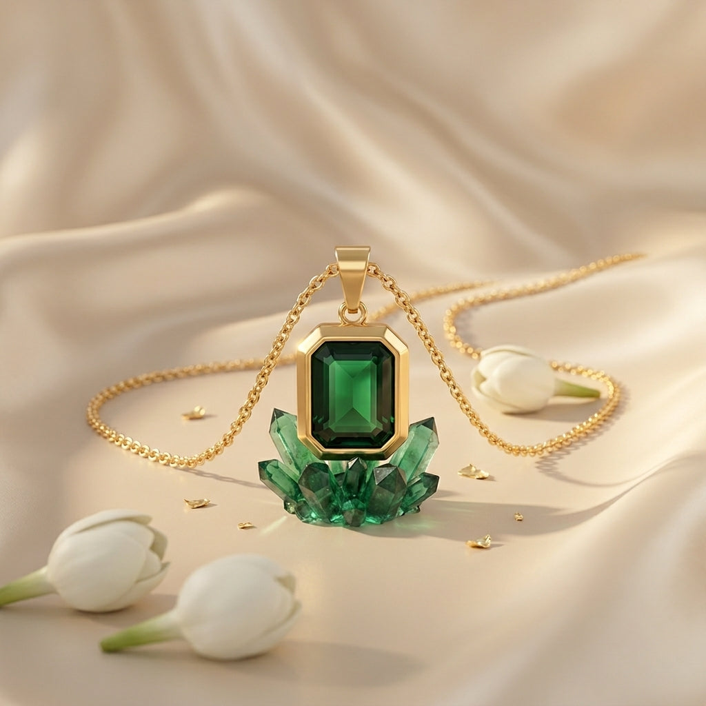Emerielle Emerald Luxe Necklace in Gold Finish | Luxury Green Crystal Pendant by VarnamAyira