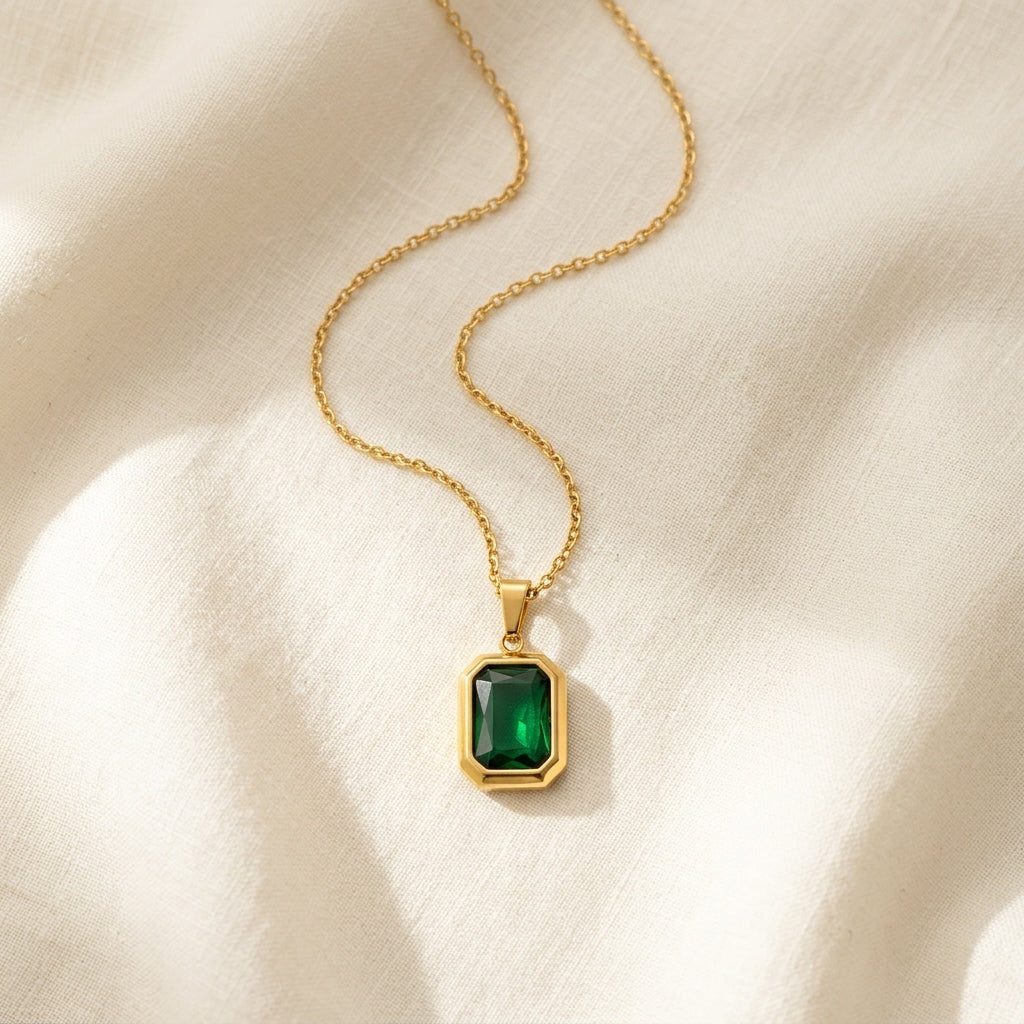 Emerielle Emerald Luxe Necklace in Gold Finish | Luxury Green Crystal Pendant by VarnamAyira