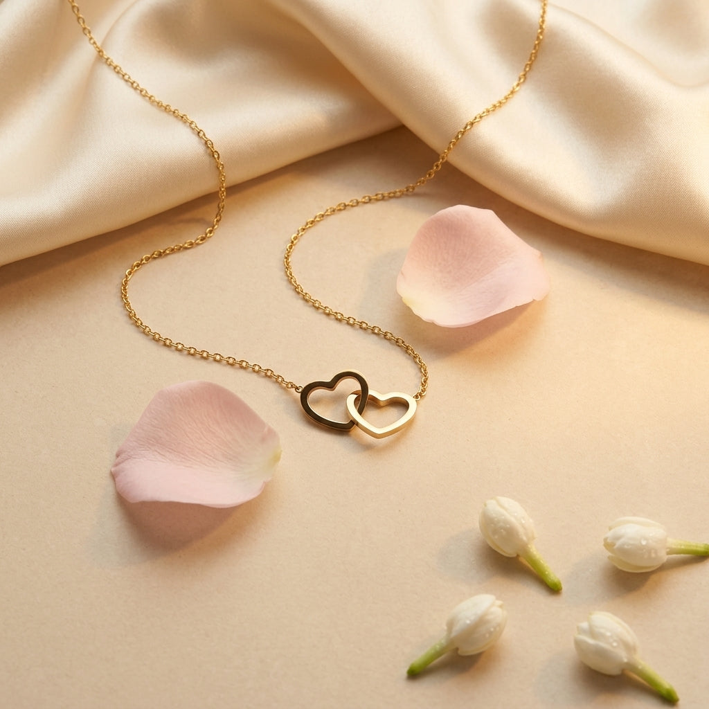 Éternelle Interlocked Hearts Necklace in Dual-Tone Gold Finish | Luxury Couple Heart Pendant by VarnamAyira
