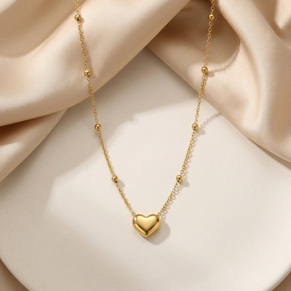 Lunéa Beaded Heart Necklace in Gold Finish | Minimal Luxury Pendant by VarnamAyira