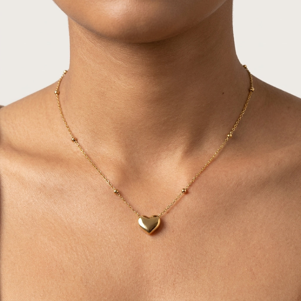 Lunéa Beaded Heart Necklace in Gold Finish | Minimal Luxury Pendant by VarnamAyira