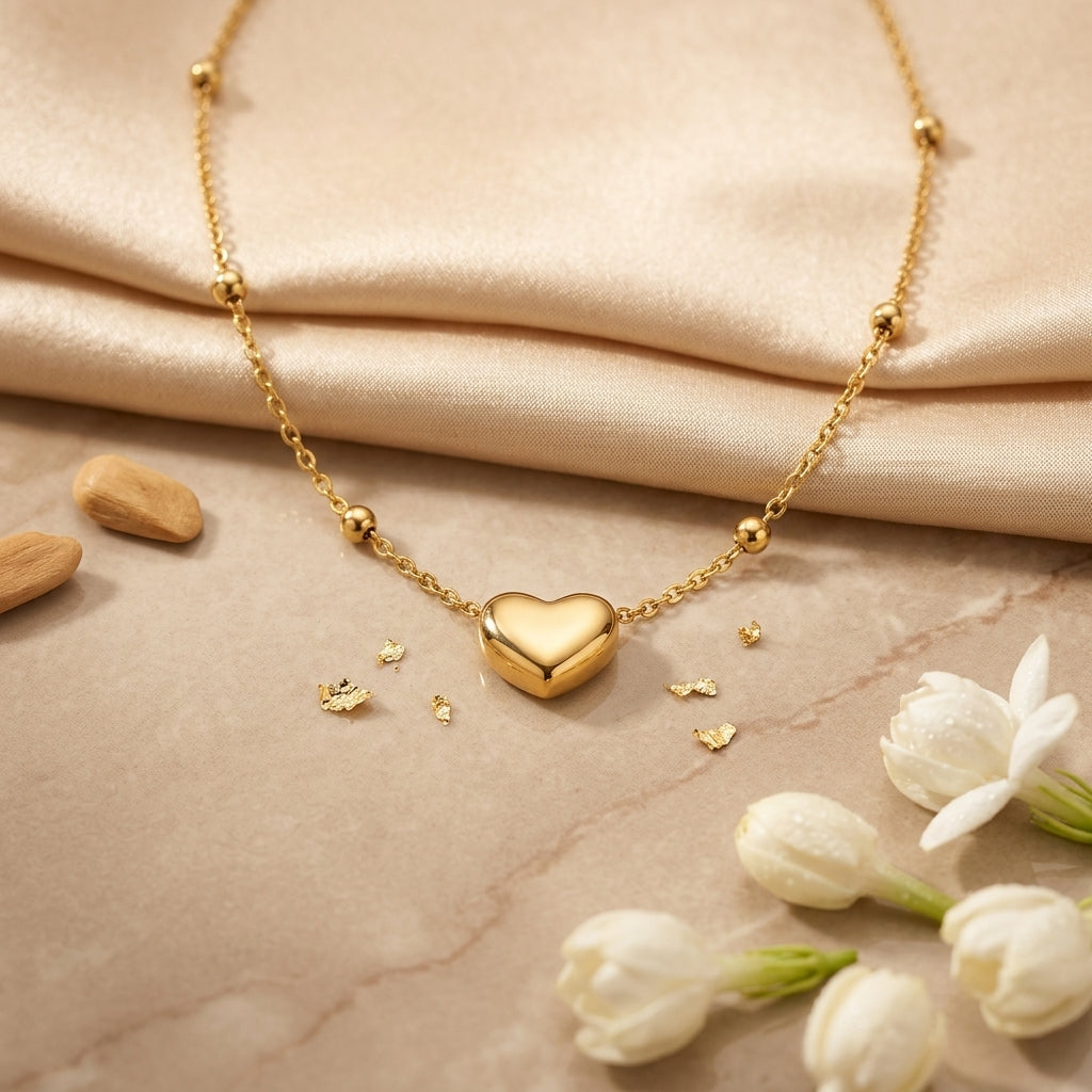 Lunéa Beaded Heart Necklace in Gold Finish | Minimal Luxury Pendant by VarnamAyira