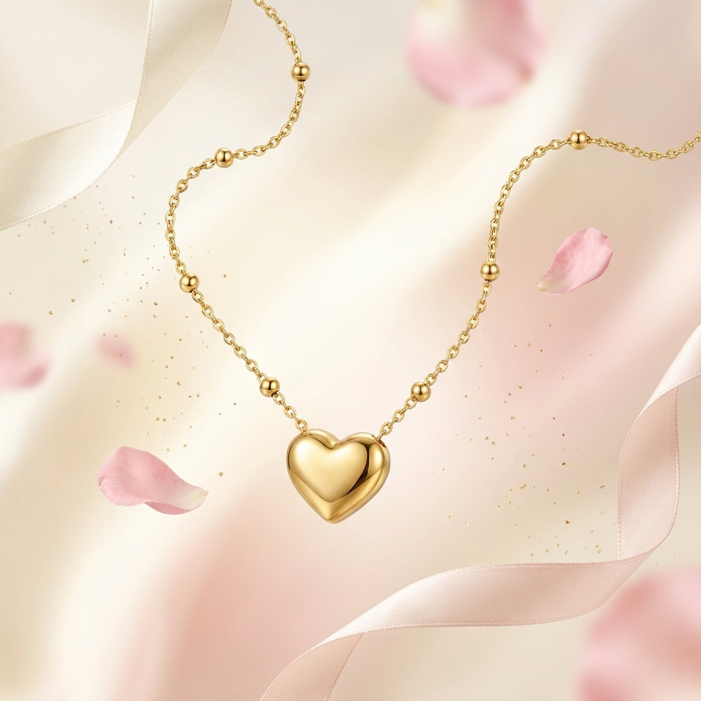 Lunéa Beaded Heart Necklace in Gold Finish | Minimal Luxury Pendant by VarnamAyira