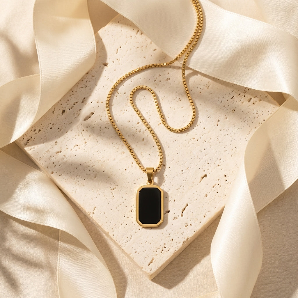 Noiré Onyx Luxe Necklace in Gold Finish | Luxury Black Stone Pendant by VarnamAyira
